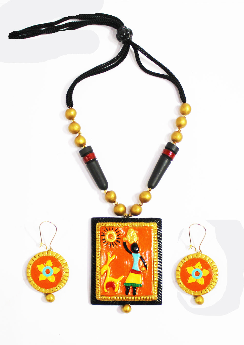 Orange warli terracotta necklace set