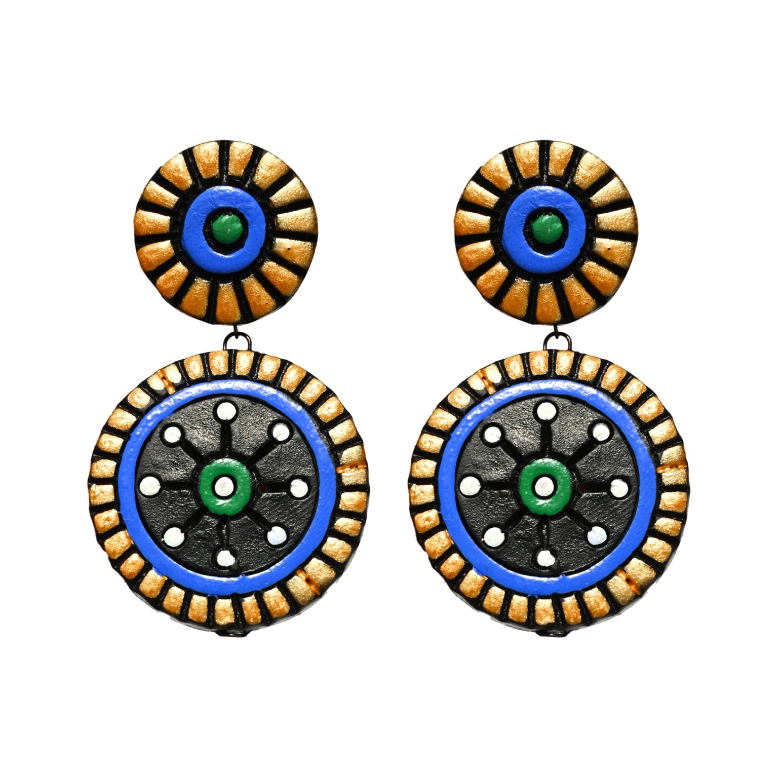Blue and black earrings in terracotta