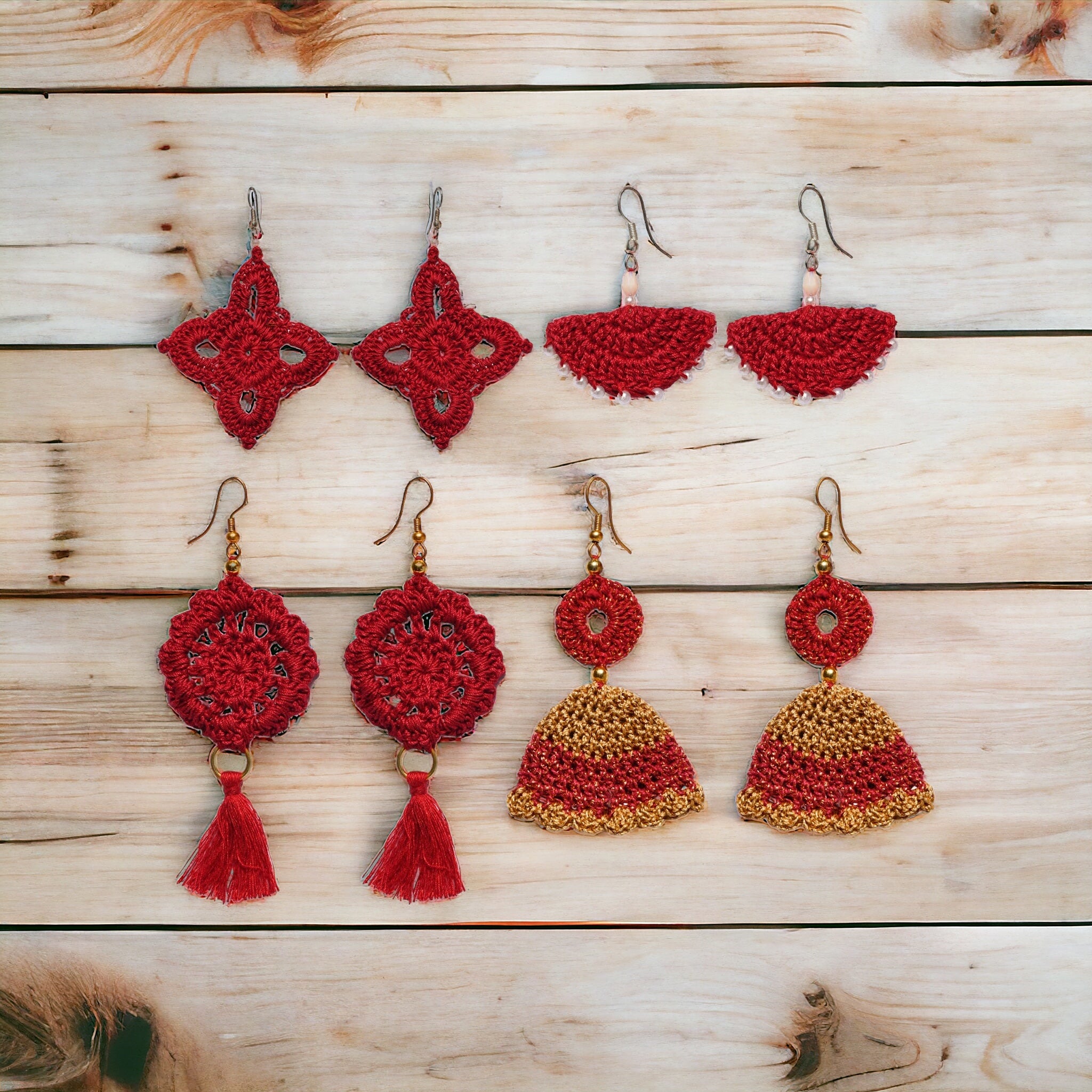 Set of four red crochet earrings