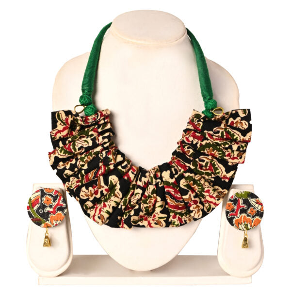 Fabric necklace set Chokkar style frill design green