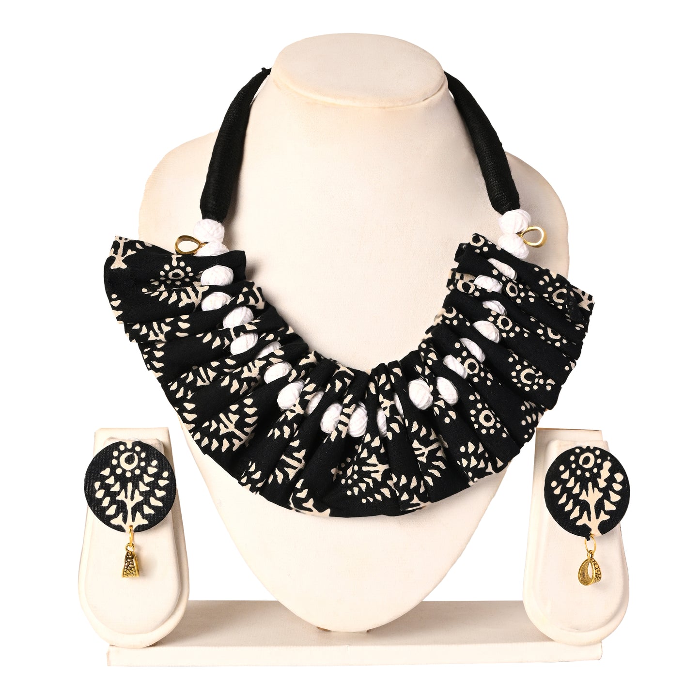 Fabric necklace set Chokkar style frill design black