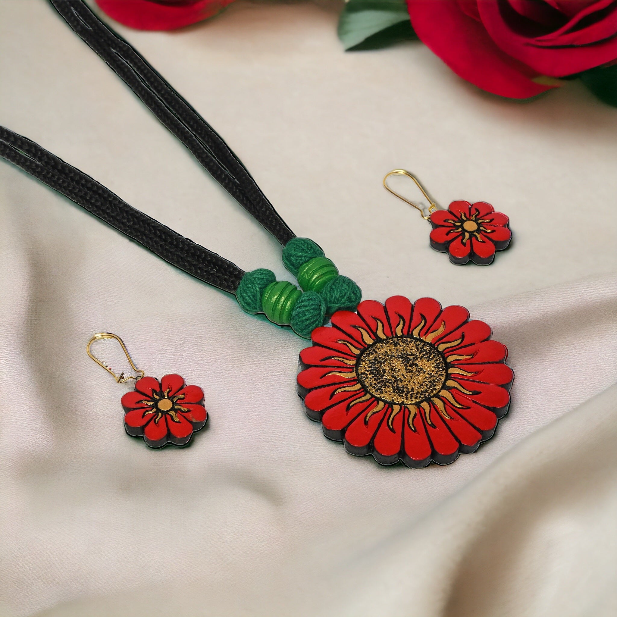 Exclusively designed Red Floral terracotta necklace set