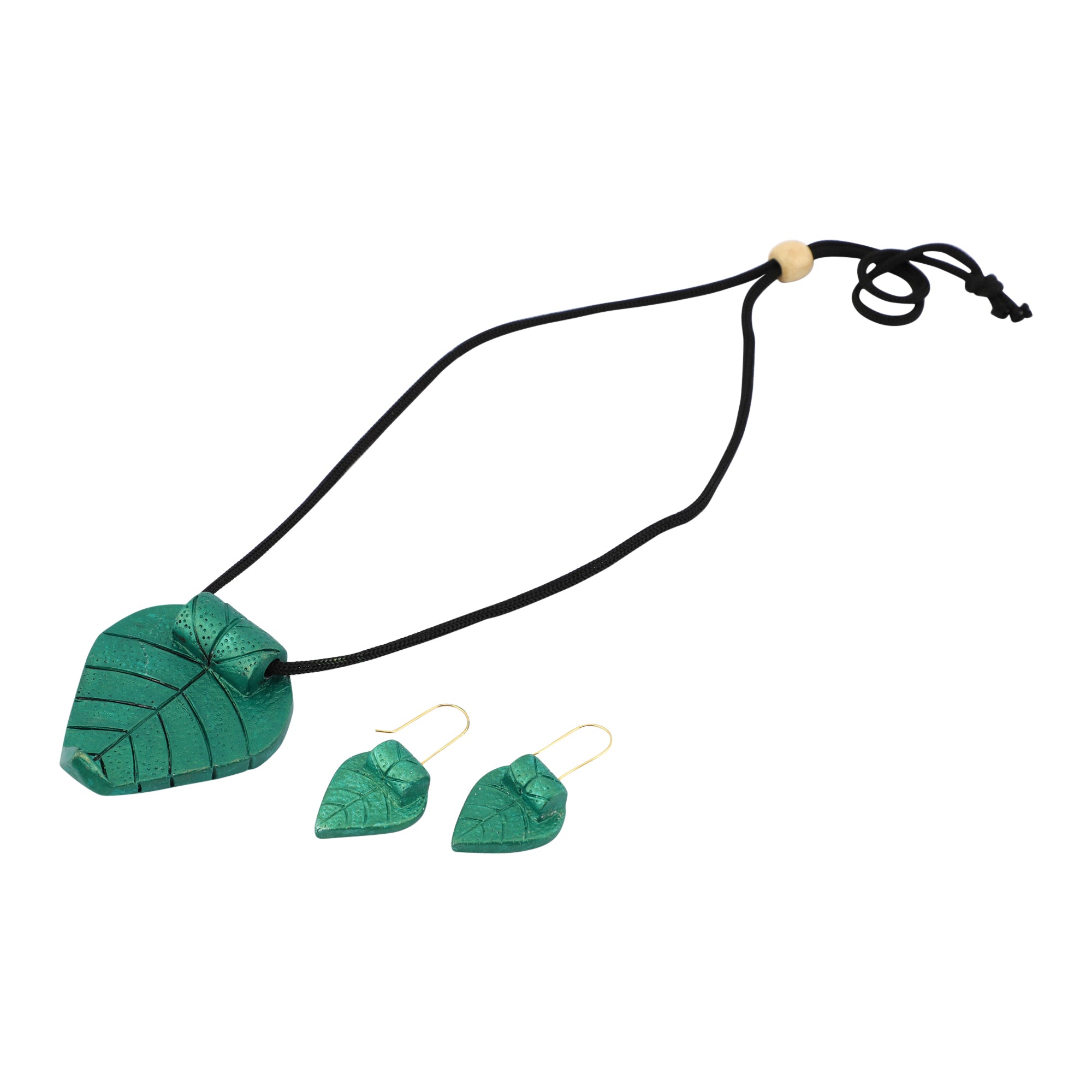 Leaf shape terracotta necklace set - green