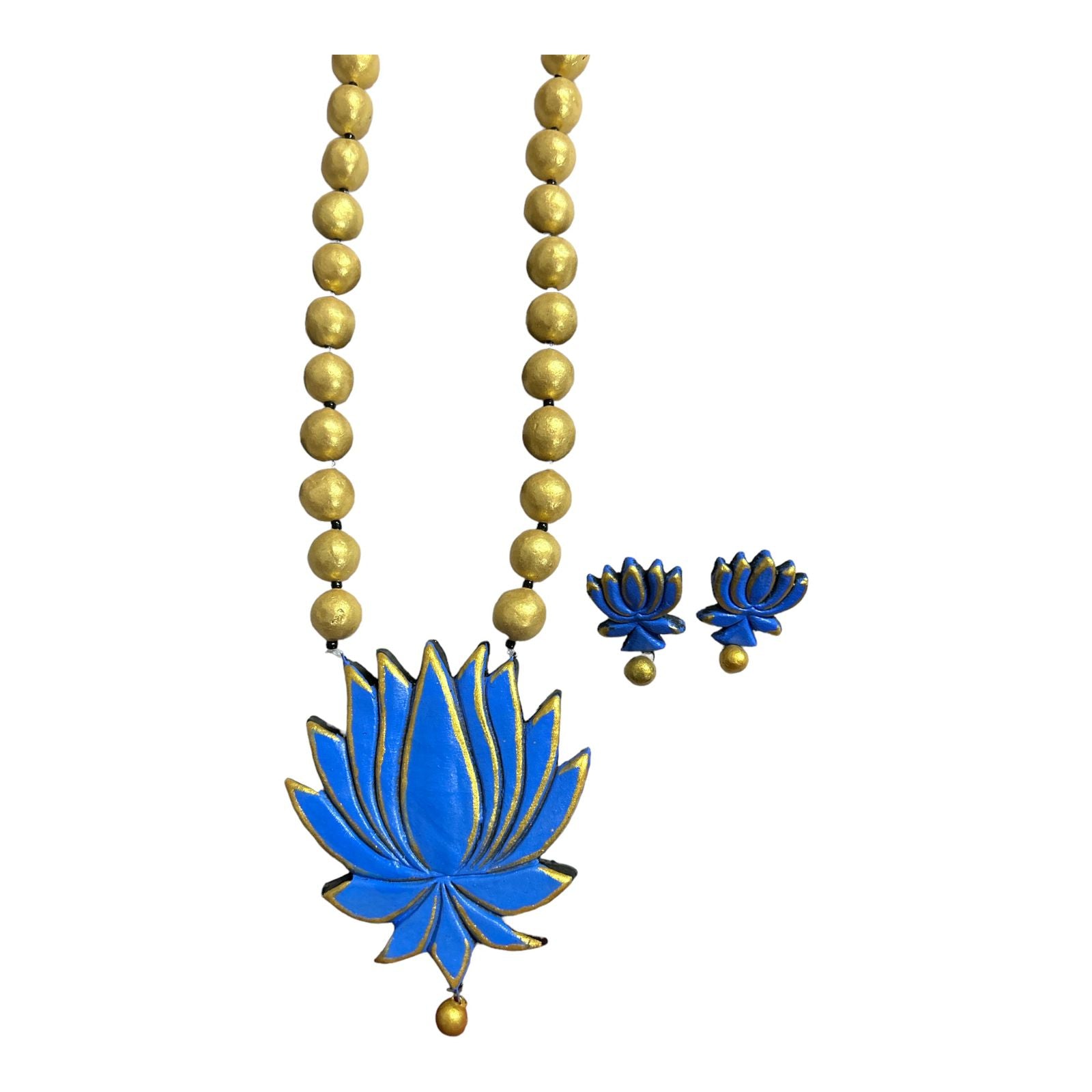 Lotus design in terracotta necklace set in blue