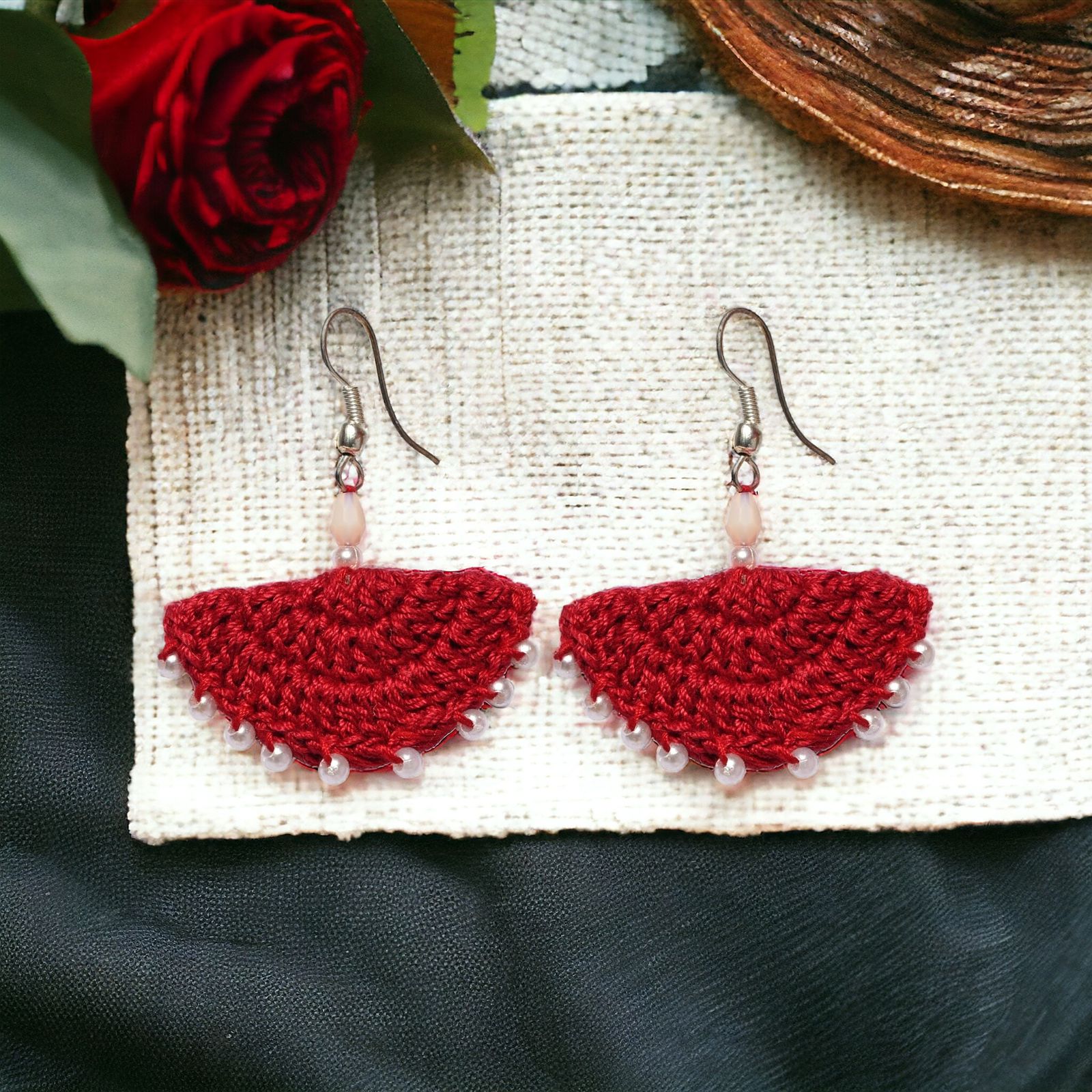 Red semi circular crochet earrings