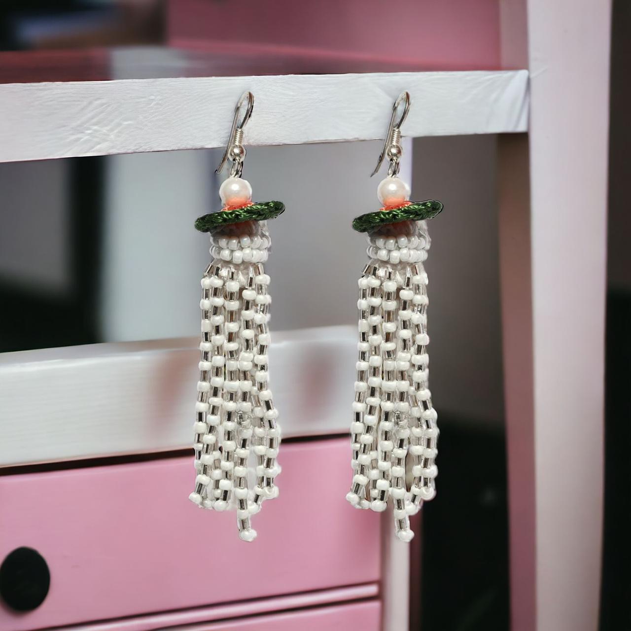 Bead dangler crochet earrings green