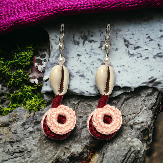 Cowry shell shaped crochet earrings Maroon