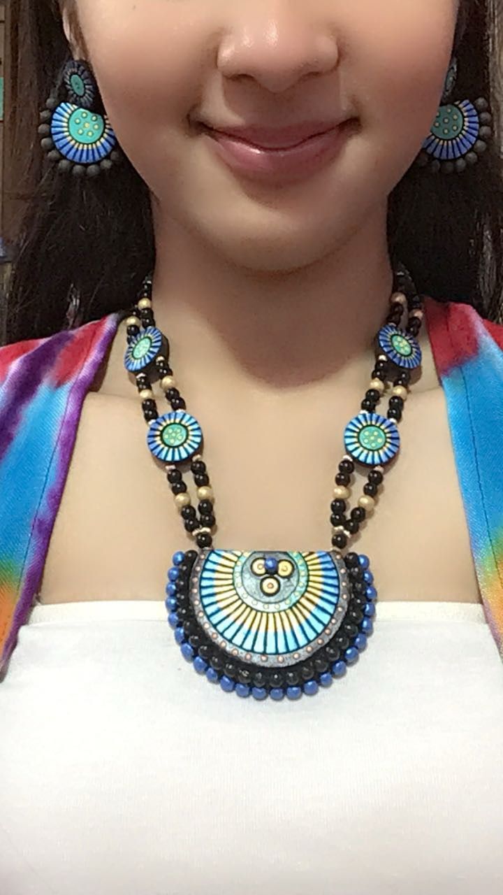 Blue double layered terrecotta necklace set