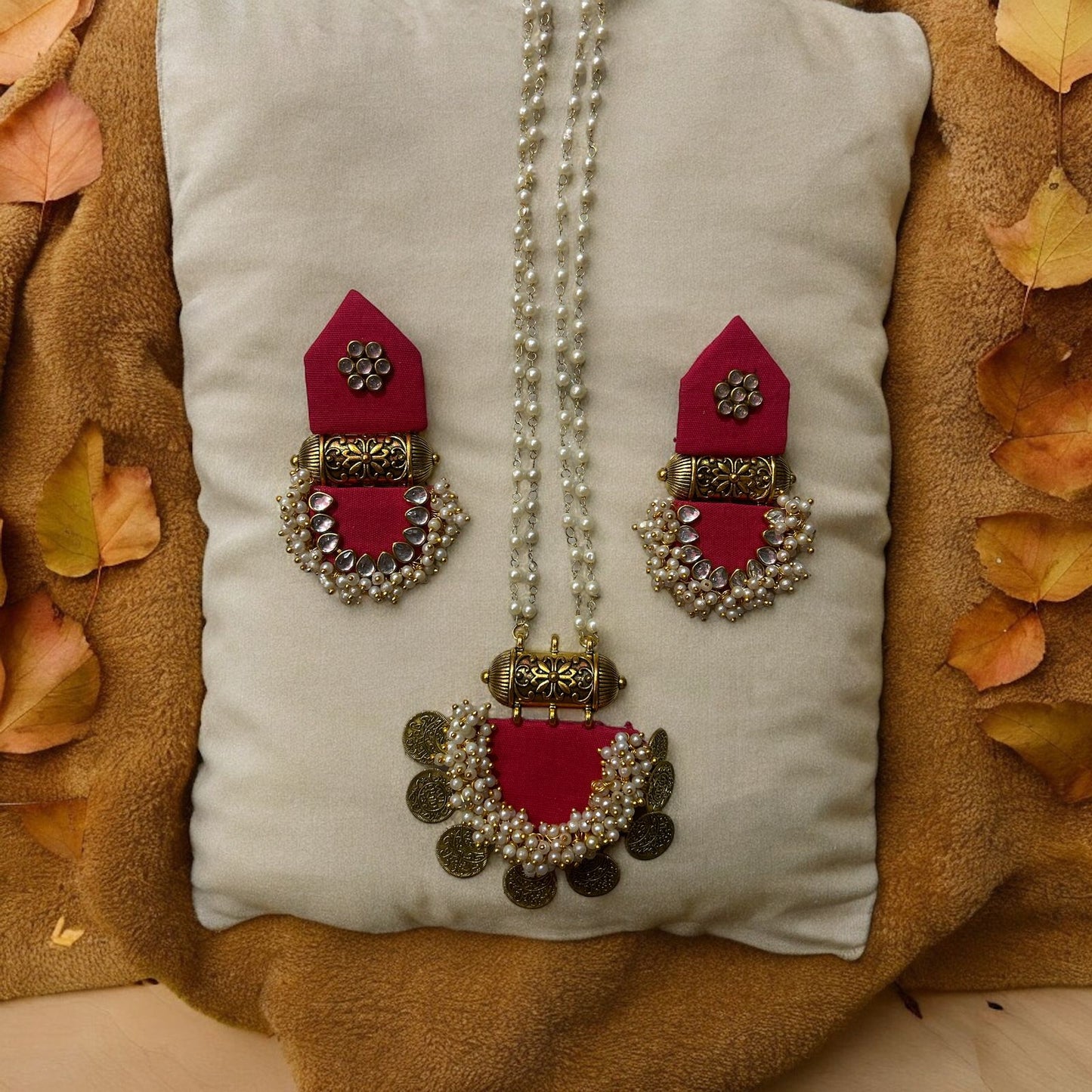 Ethinic jewelry set on fabric with accessories