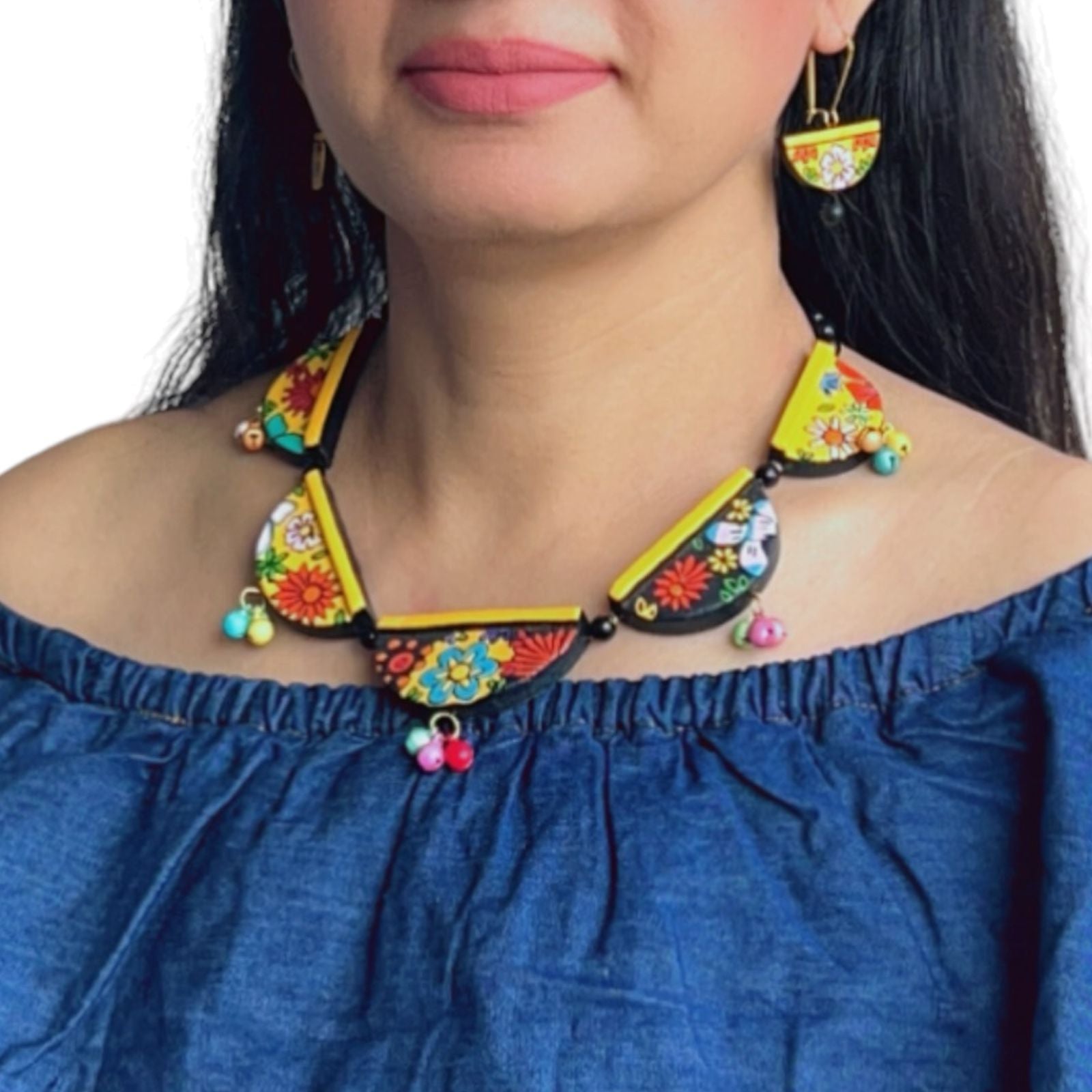 Exclusively yellow ghungroo design terracotta necklace set