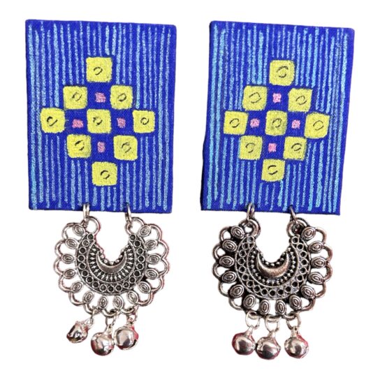 Fabric Earrings rectangle shape with ghungroo in blue