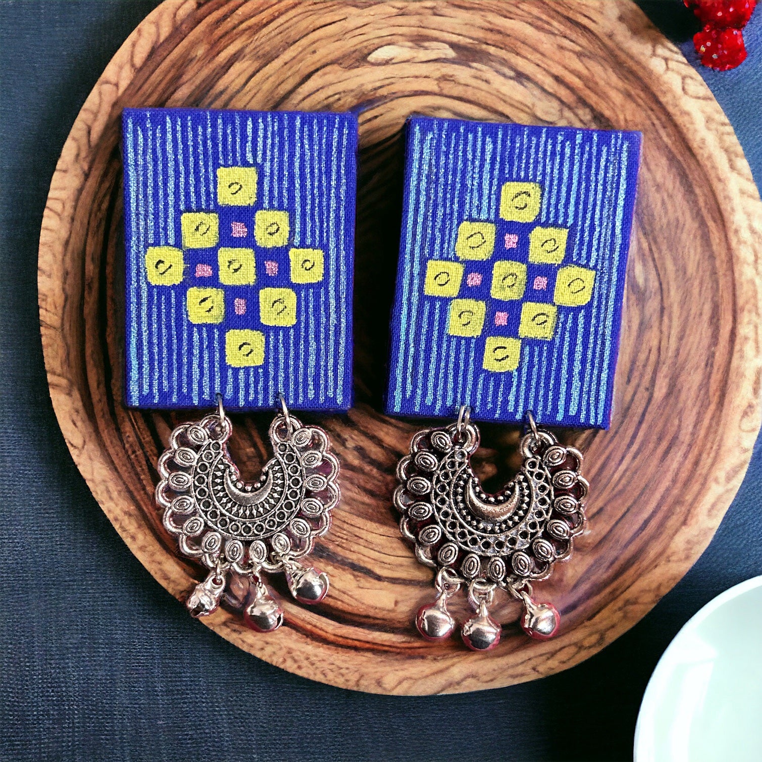 Fabric Earrings rectangle shape with ghungroo in blue