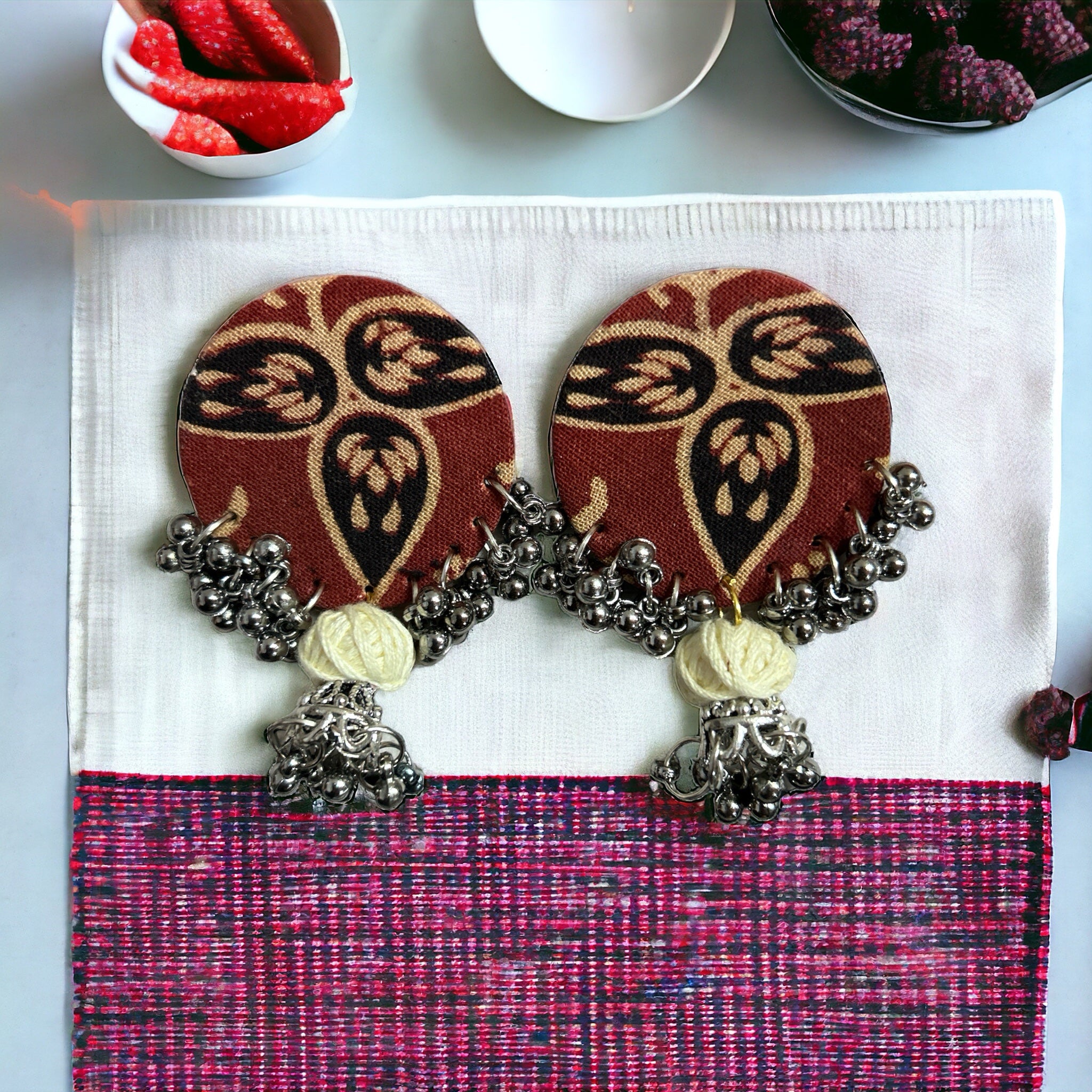 Fabric Earrings in sanganeri printed fabric with metal accessories